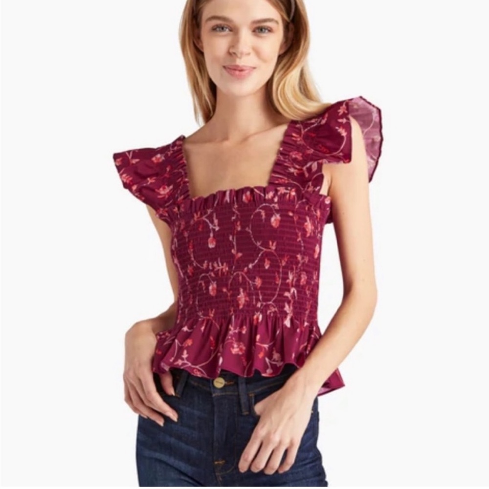 NWT Hill House Home Paz Smocked Tank In Burgundy Botanical